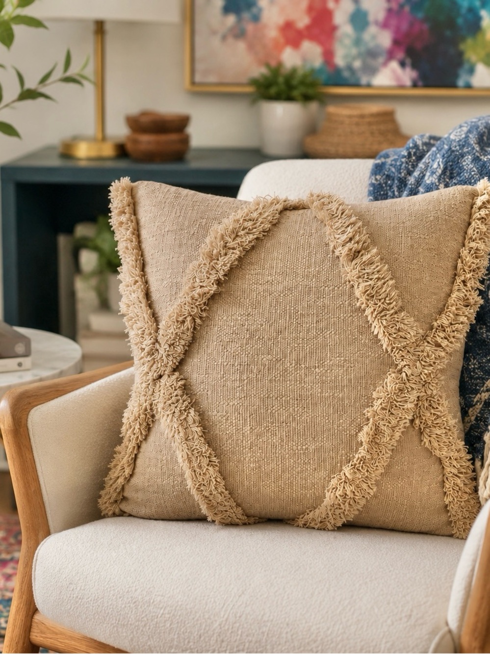 LR Home Aaina Taupe Tufted Fringe 20x20 Boho Throw Pillow NWT